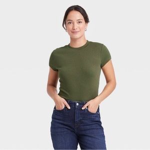 Women's Short Sleeve Ribbed T-Shirt Olive Green Size XS A New Day Extra Small